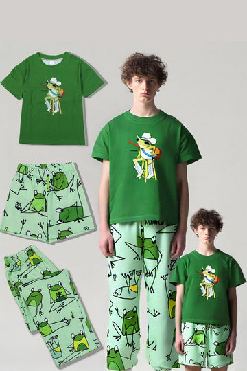 Green Frog Printed Short Sleeves Matching Family Pajamas